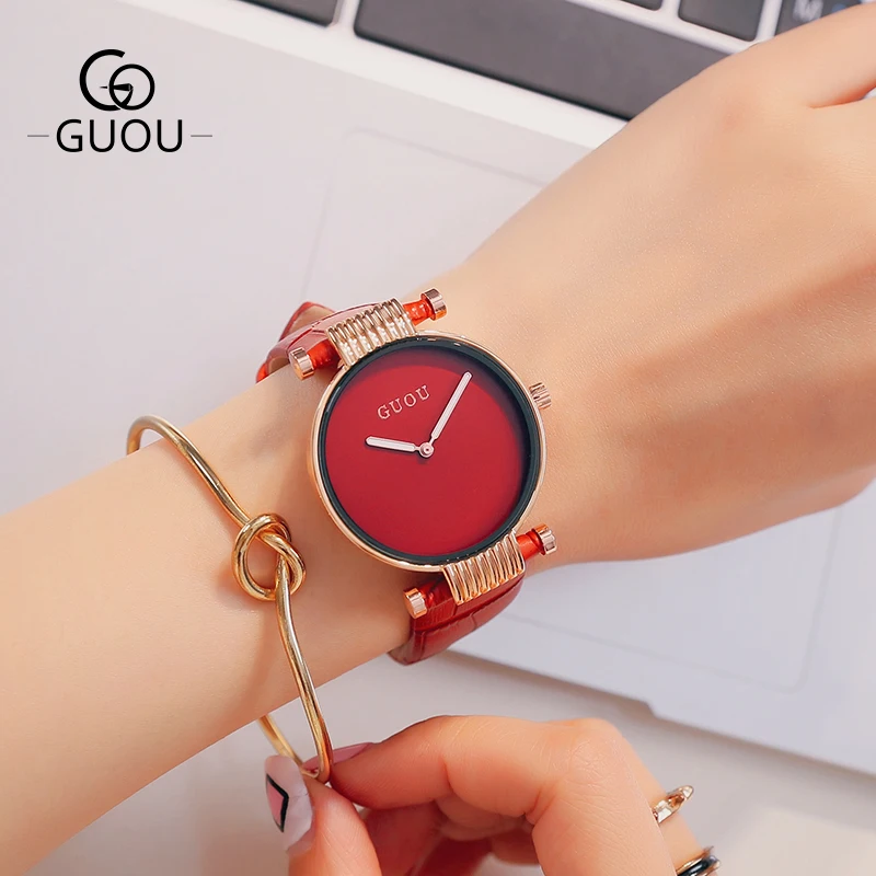 

GUOU Charm Quartz Wrist Watches for Women Simple Steel Case Leather Strap Waterproof Ladies Wristwatches Female Watch Clock Gift
