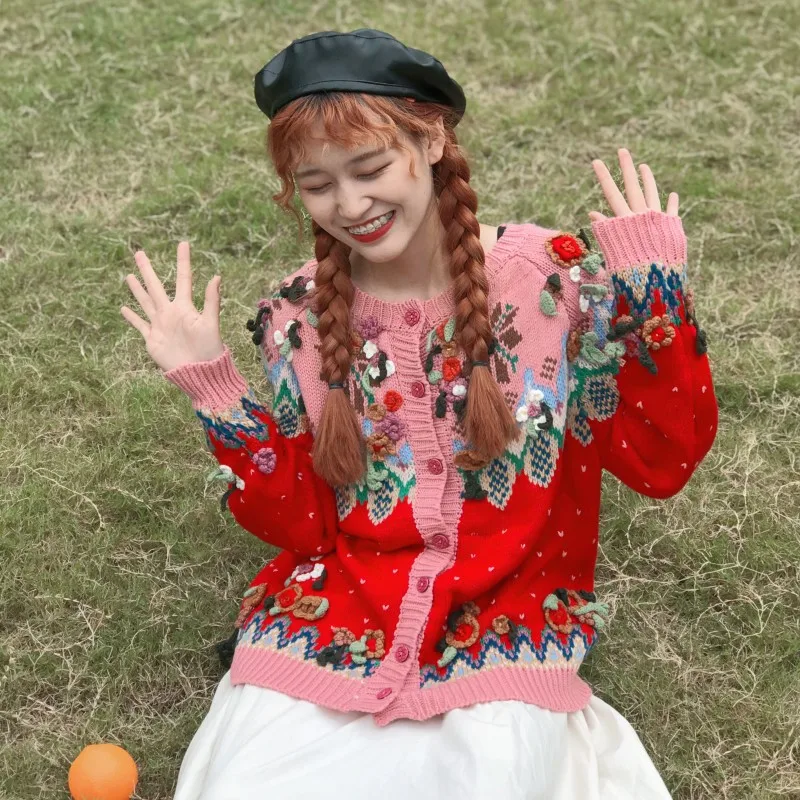 Рождественский свитер кардиган для милых девушек 3D ручное вязание крючком