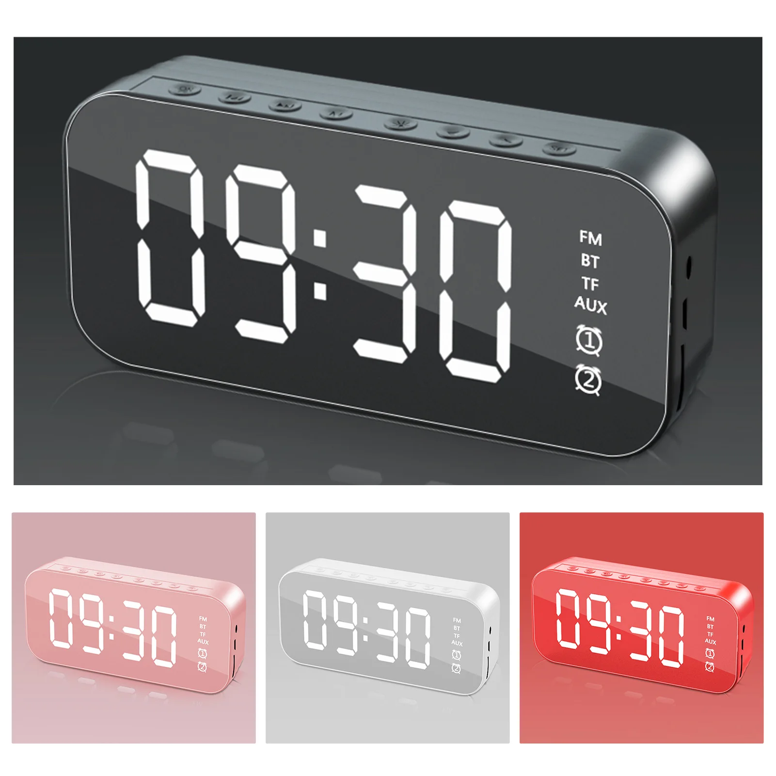 

LED Mirror Desktop Alarm Clock Multifunctional Bluetooth-compatible FM Radio Sound Box Subwoofer Music Player TF Card Home Decor
