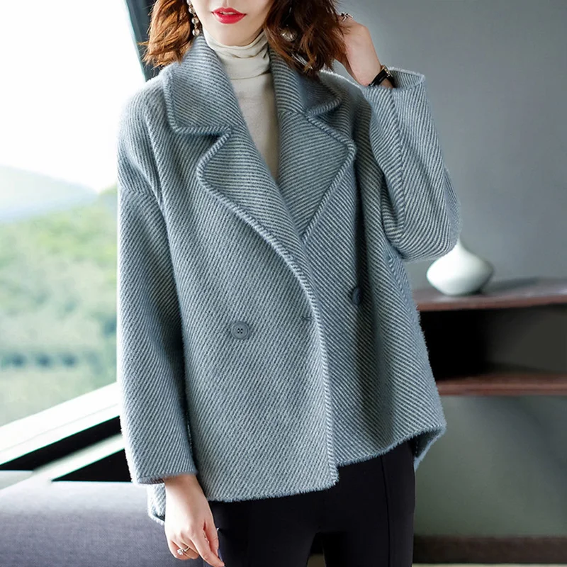 

Korean Style mink wool jacket Women Autumn Winter Single Button Coat Elegant Nine Quarter Sleeve Outwear Solid Color Windbreaker
