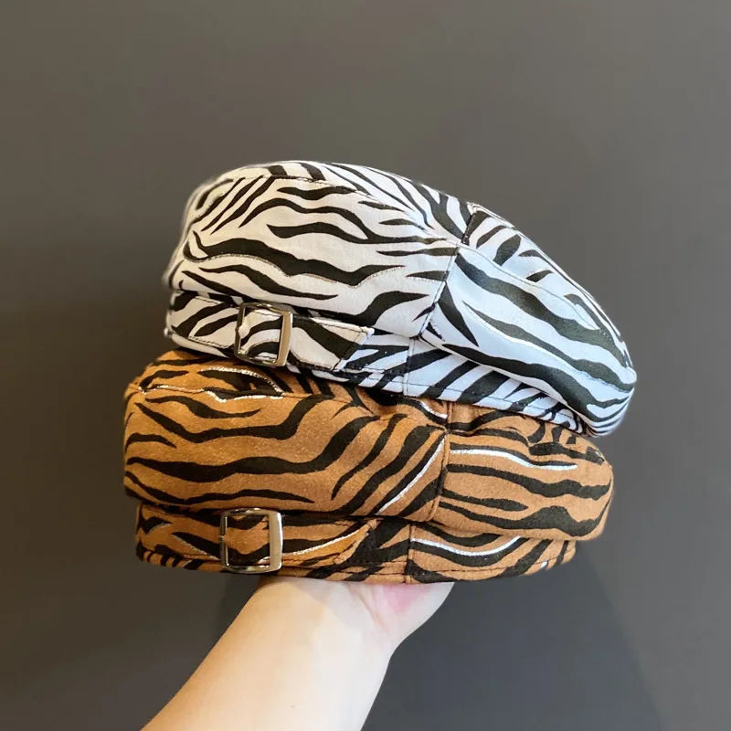Берет художника Женский с замшевой пряжкой Модный берет зебры восьмиугольная