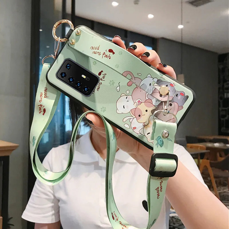

Wristband Holder Cover Phone Case For Huawei P40 Pro Honor 20 9X 9A V30 Pro Avocado With Lanyard Cute Cartoon Bracket Back Funda