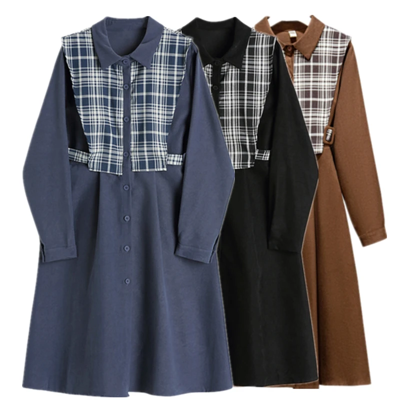 

Dress Plaid Women Autumn Long Sleeve Single Breasted Turn-down Collar Dress Stitching Fake Two-piece Plaid Skirt Waist Dress