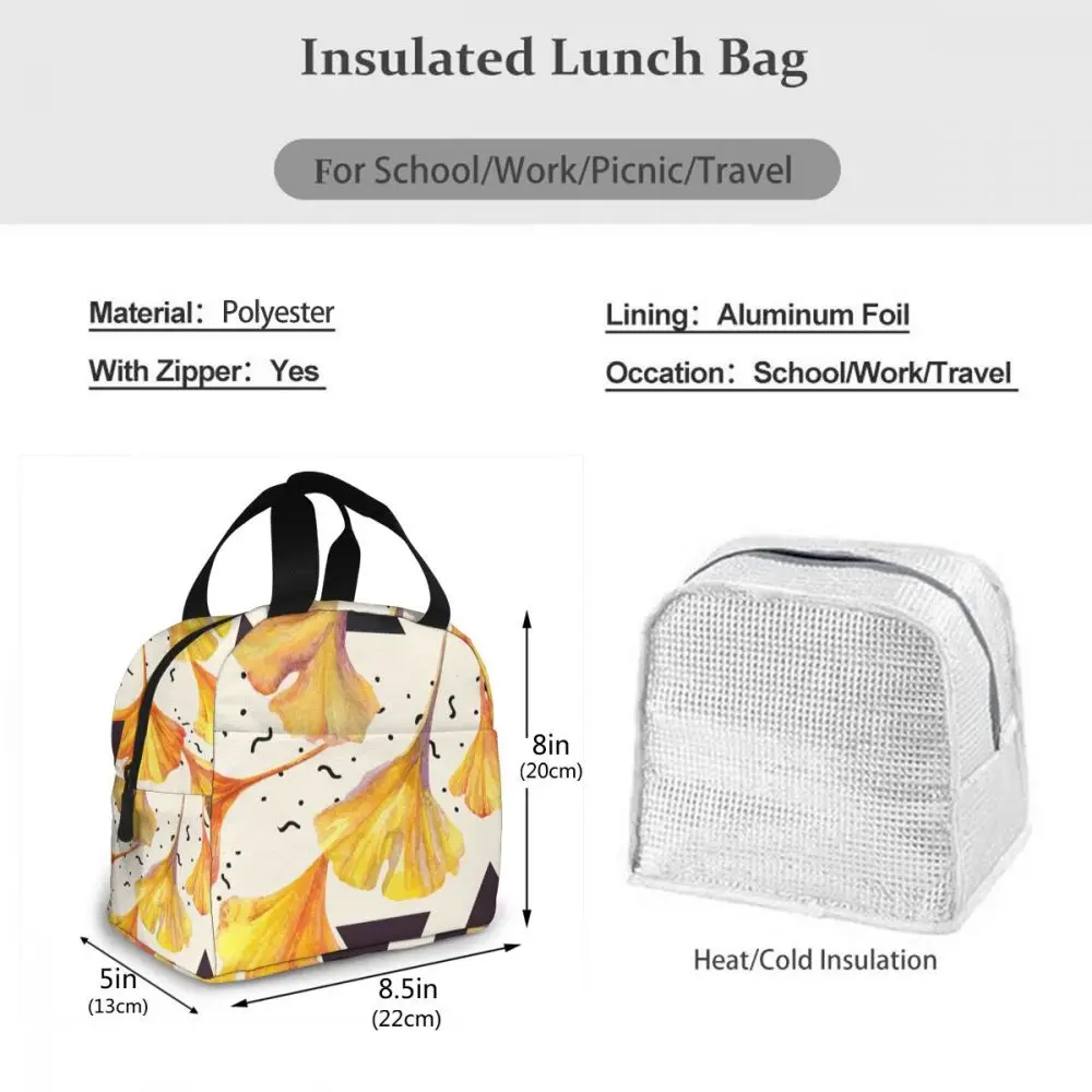

Portable Lunch Bag Ginkgo Leaves And Triangles Thermal Insulated Lunch Box Tote Cooler Bag Bento Container Food Storage Bag