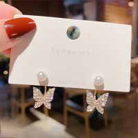 ladies luxury elegant butterfly rhinestone pearl stud earrings for women 2020 trendy unusual earrings fashion jewelry kolczyki