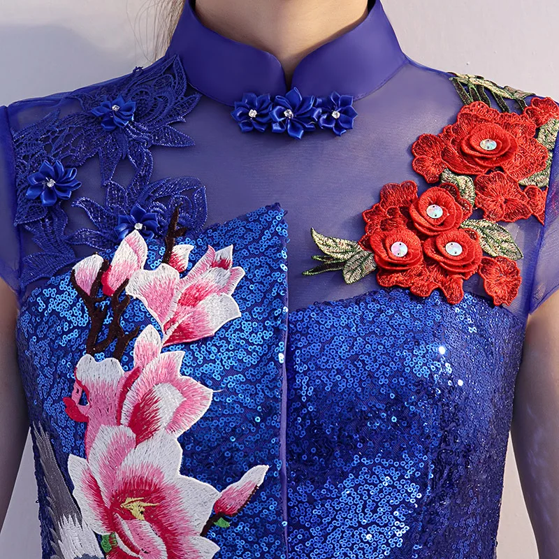 

Womens Qipao blue Evening Cheongsam Wedding Party Dress Elegant Prom Dress Sequins Long Ball Gown Retro Nightclub dress