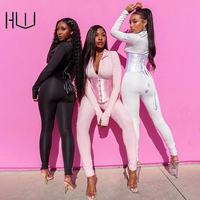 

Autumn Solid Color Waist Closure Front Zipper Casual Jumpsuit Dropshipping V-neck Long Sleeve Bodycon Bodysuits Sexy Elegance