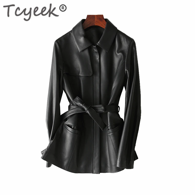 Куртка Tcyeek из натуральной кожи женская мотоциклетная куртка с поясом пальто