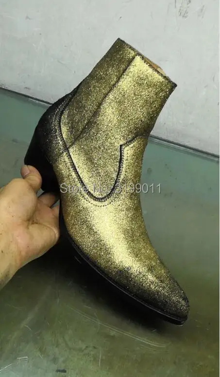

2020 New men shoes party gold matt leather boots make Chelsea boots men dress booties point toe mujer botas med heel 5cm