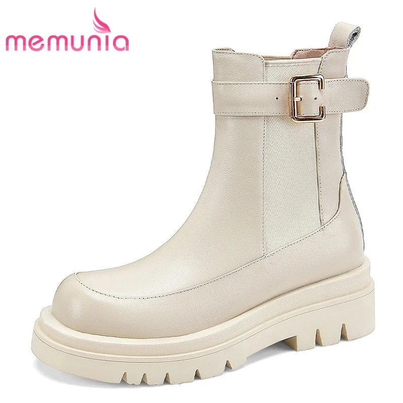 

MEMUNIA Genuine Leather Boots Thick Heels Buckle Ankle Boots Zipper Platform Women Winter Shoes Hand Made Fashion Chelsea Boots