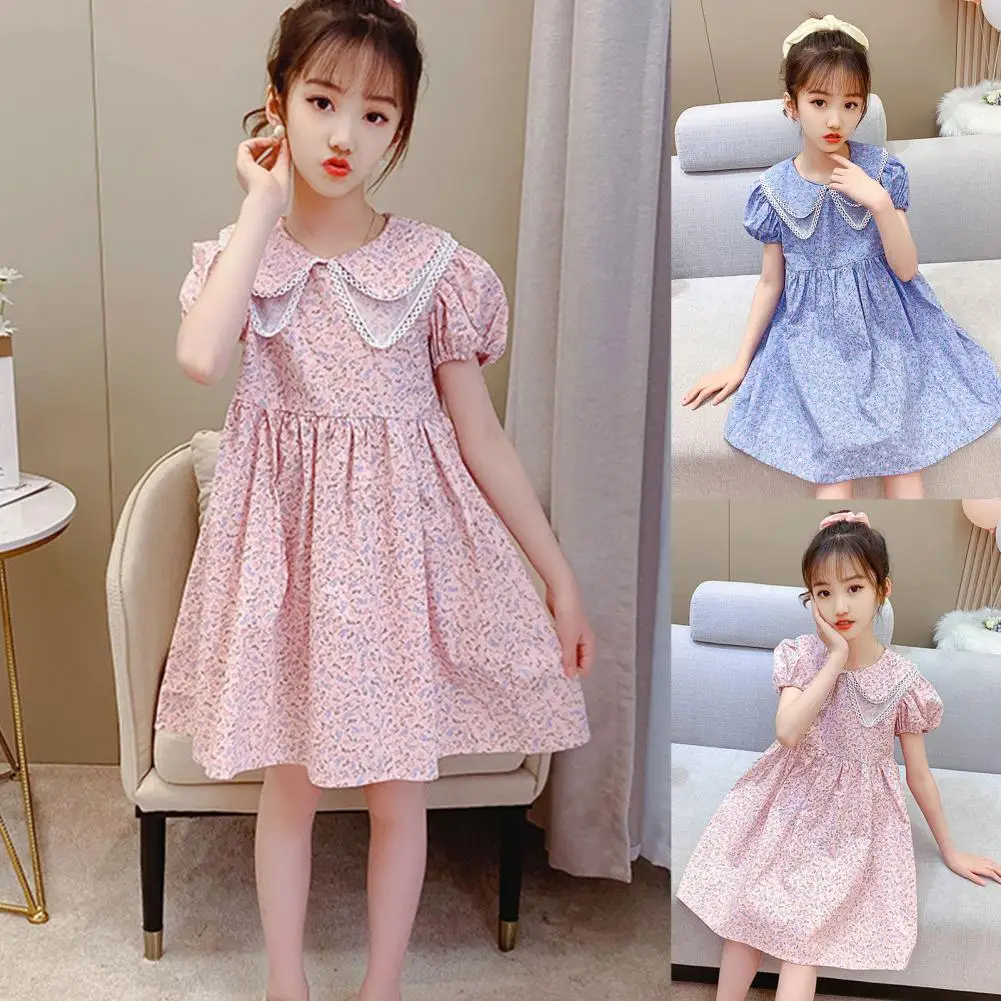 

Children Dress Puff Sleeve Loose Kids Girls Double Lapels Dress for Hiking