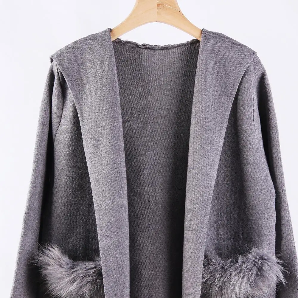 Длинный кардиган из лисьего меха женский свитер повседневное осеннее вязаное
