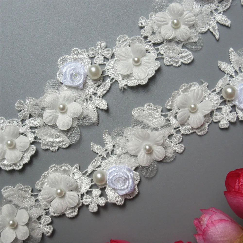 10x Белый Многослойные Цветок Розы вышитые кружева боковой обрез лента из Ткани в
