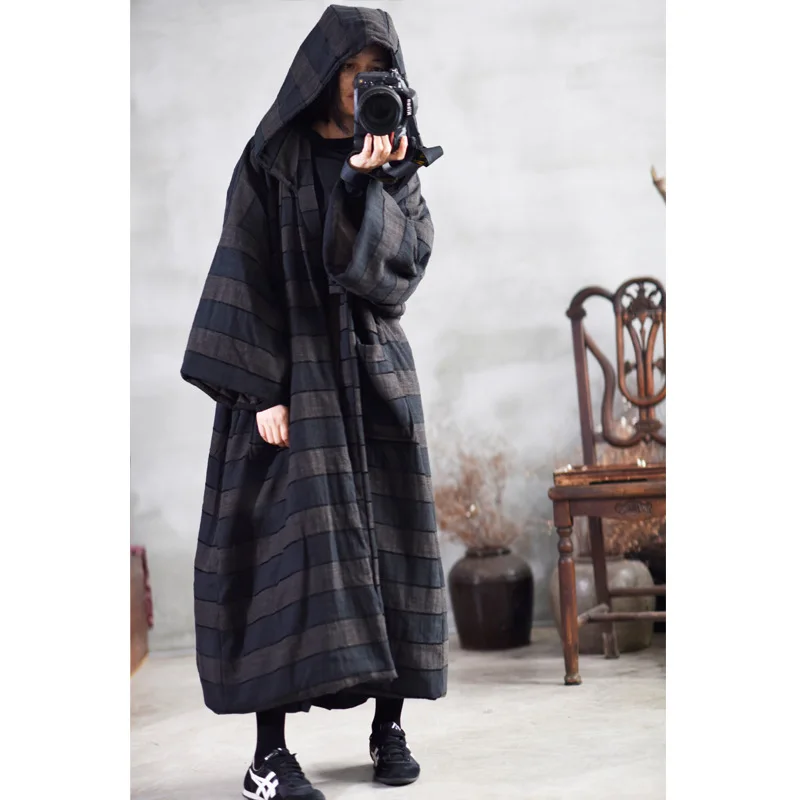 Зимние женские парки теплое Полосатое толстое Свободное длинное пальто с