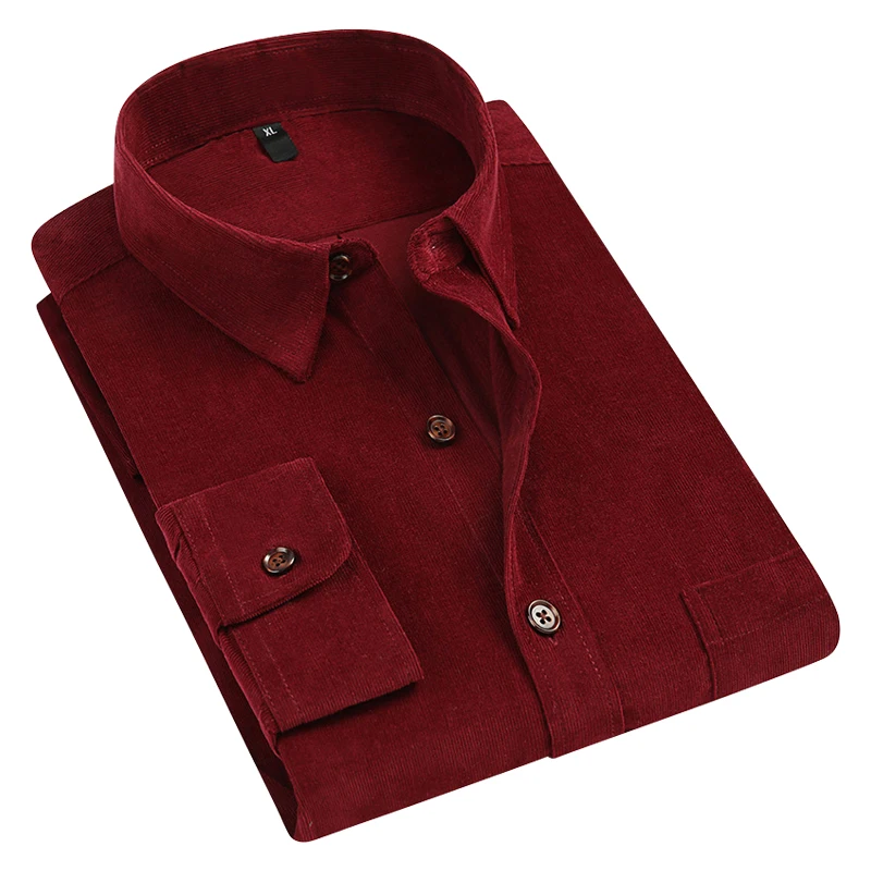 

AOLIWEN men 100% cotton wine red solid color corduroy button spring autumn casual slim shirt sweat absorbent long sleeve shirts