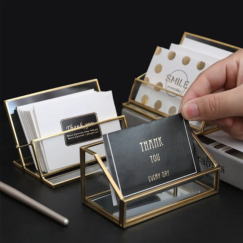 

Business card box Glass Brass desktop business office storage box business card shelf desktop creative exhibition gift