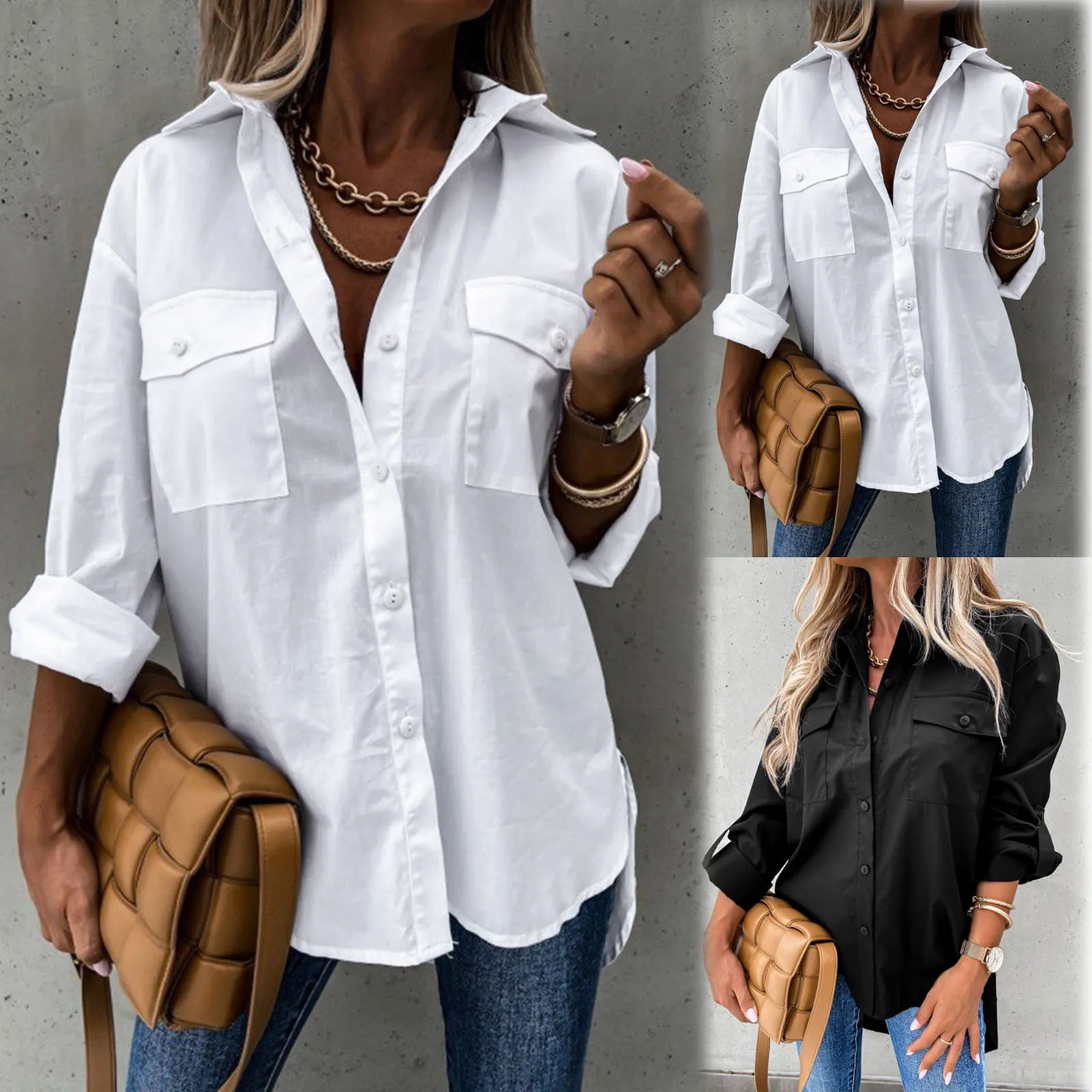 Женская Повседневная однотонная Асимметричная Свободная рубашка с длинным