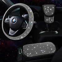 white bling car accessories set for women gear shift cover steering wheel rhinestone center console decor set 3pcs universal use