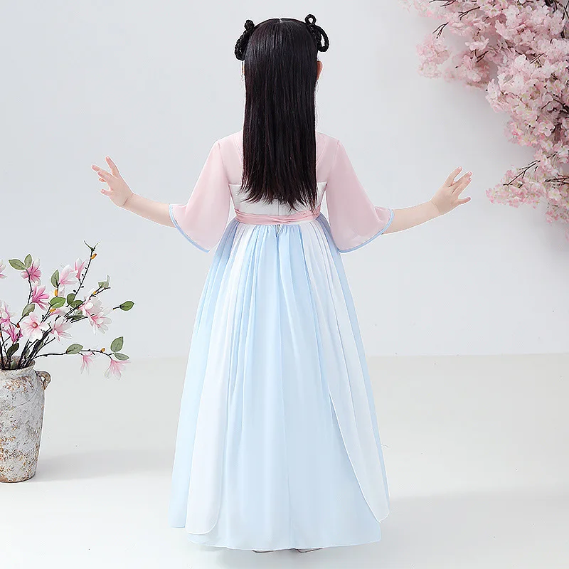 Детское летнее платье Ханьфу для девочек с коротким рукавом, китайское традиционное костюмное платье для косплея бабочки феи.