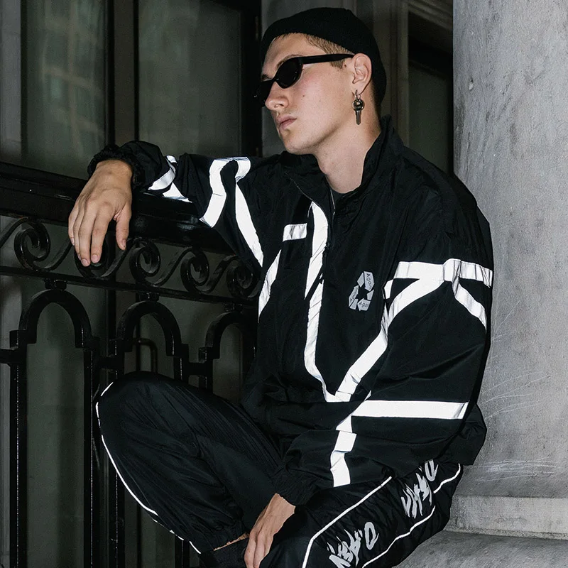 

3M Reflective Men Hip Hop Windbreaker Jacket Harajuku Streetwear Retro Jacket Coat Zipper Jacket Black Casual Autumn