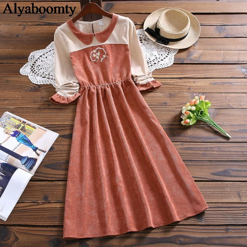 Японский Mori Girl осень весна женское платье с вышивкой воротник Питер Пэн