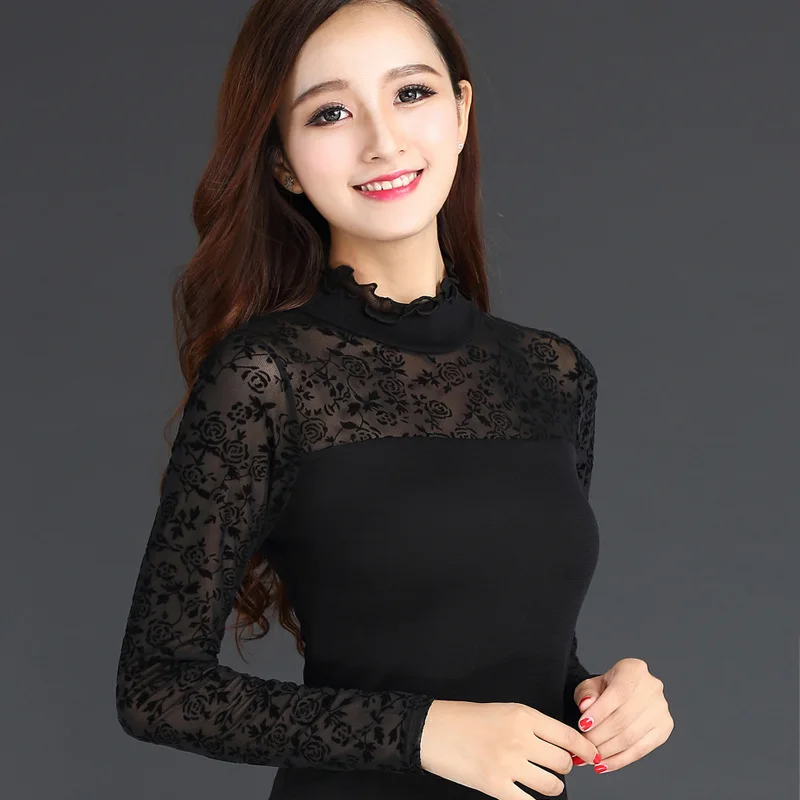 мода футболка Высокий воротник чистая пряжа Сращивание женская Похудение