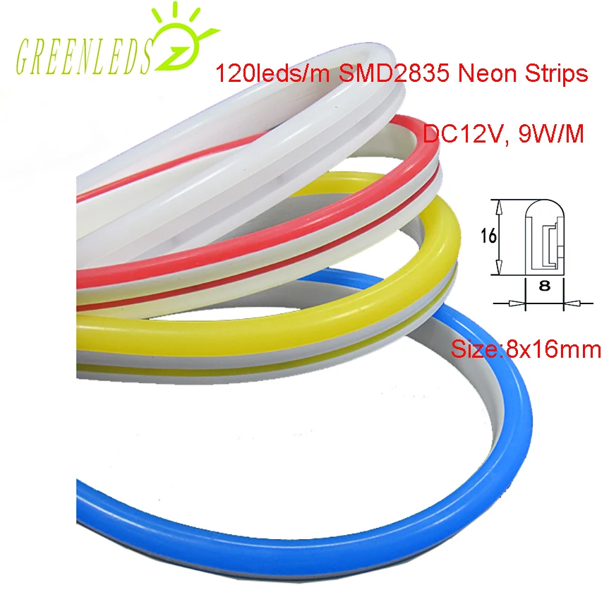 

Neon Strips 120leds/m SMD2835LEDs DC12V 8x16mm 9w/m Silicone Casing IP67 waterproof Flexible Strips with 3 Years Warranties