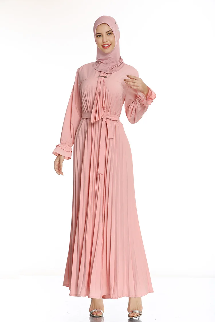 

2021 Summer Loose Muslim Women's Pure Color Dress Women Mid-length Pleated Long-sleeved Skirt