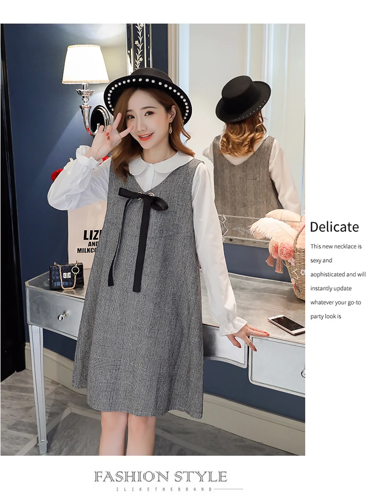 6596# 2PCS/Set Autumn Korean Fashion Maternity Dress Sweet Lovely Straight Loose Clothes for Pregnant Women Fall Pregnancy