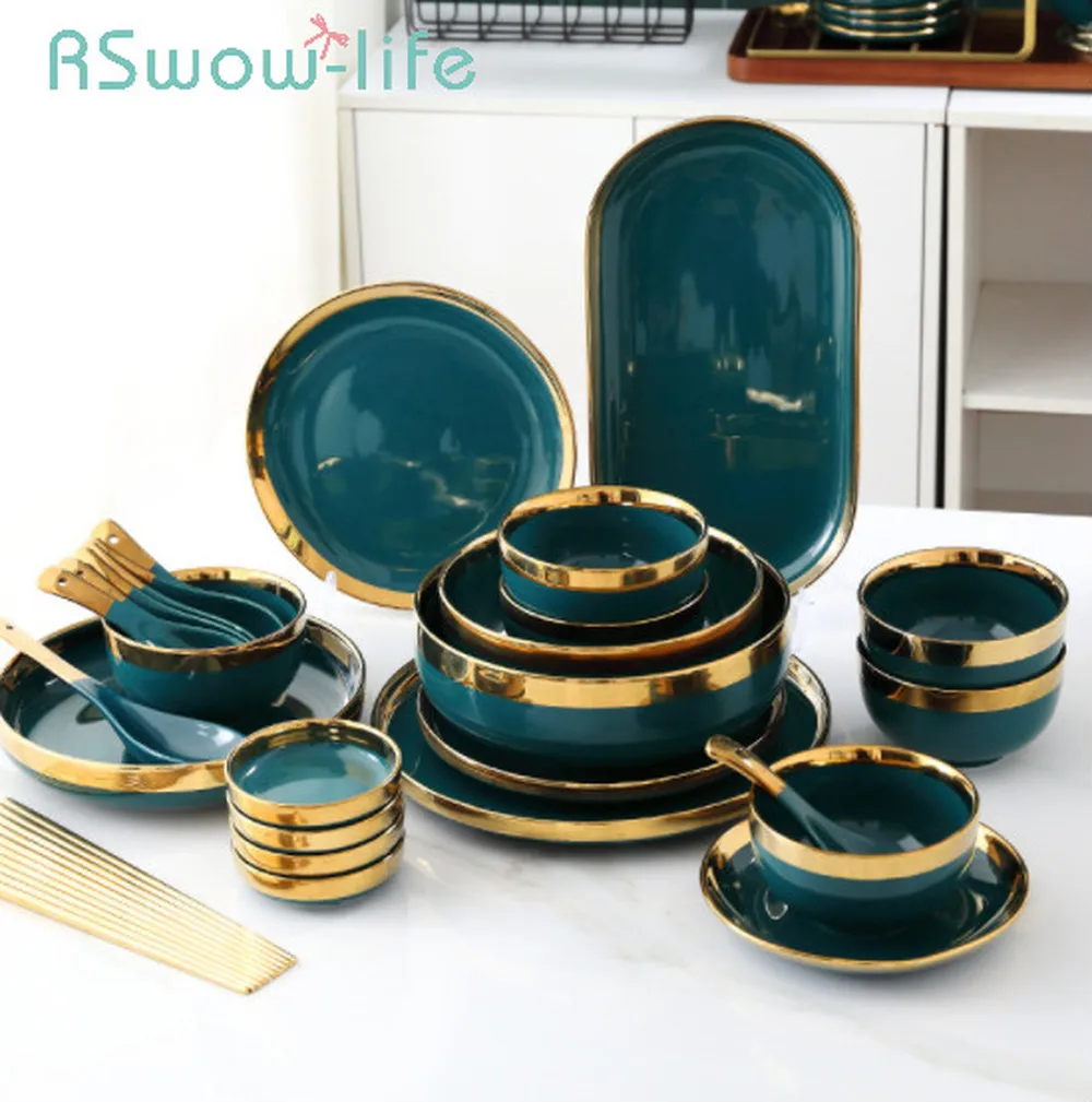 Набор из 25 тарелок Light Luxury Green Phnom Penh из костяного фарфора керамической посуды для обеда на кухне.