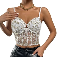 summer women clothing crop tops sexy v neck spaghetti strap polyester tank tops sheer sleeveless embroidery camisole