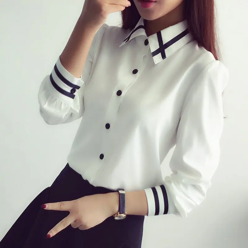 

2020 Fashion Female Elegant Bow Tie White Blouses Chiffon Turn Down Collar Shirt Ladies Tops Women School Blouse