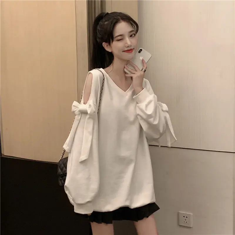 

Sweatshirt Women Loose Korean Style Long Sleeve Bowknot Pullover Top 2021 Fall New High Street Two-piece Cropped Jumper Ladies