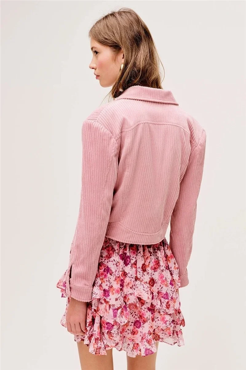 Pink Girly Sweet Kawaii Jacket Spring New Retro Corduroy Slim Small Suit Simple Single-breasted V-neck Casual Office Clothing