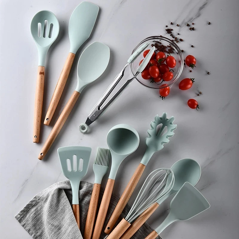 

Silicone Cooking Utensils Set Non-Stick Spatula Shovel Wooden Handle Cooking Tools Set with Storage Box Kitchen Tool Accessories