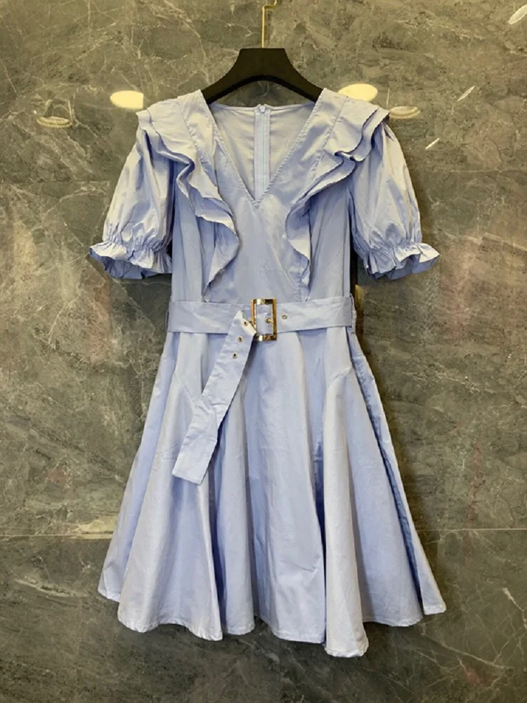 

Dress 2021 100%Cotton Summer Hot Sale Clothing Women V-Neck Ruffle Belt Deco Short Sleeve Big Swing Blue White Green Black Dress
