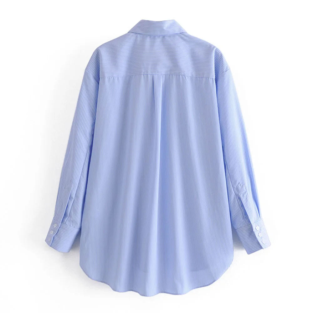 

2021Latest Design autumn long sleeves loose cotton shirts for women style with turn down blue strip collar tops