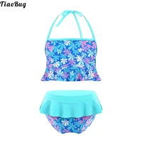 tiaobug summer 2pcs kids girls floral print swimsuit halter lace up ruffle trim crop tops and briefs beach pool bathing swimwear
