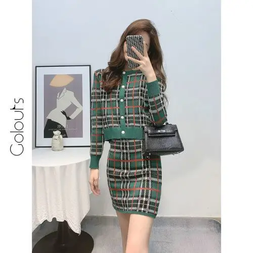 

Plaid Knitted Cardigan Coat Skirt Suit Women 's Spring and Autumn Elegant Slimming Youthful -Looking Sheath Dress Two Pieces