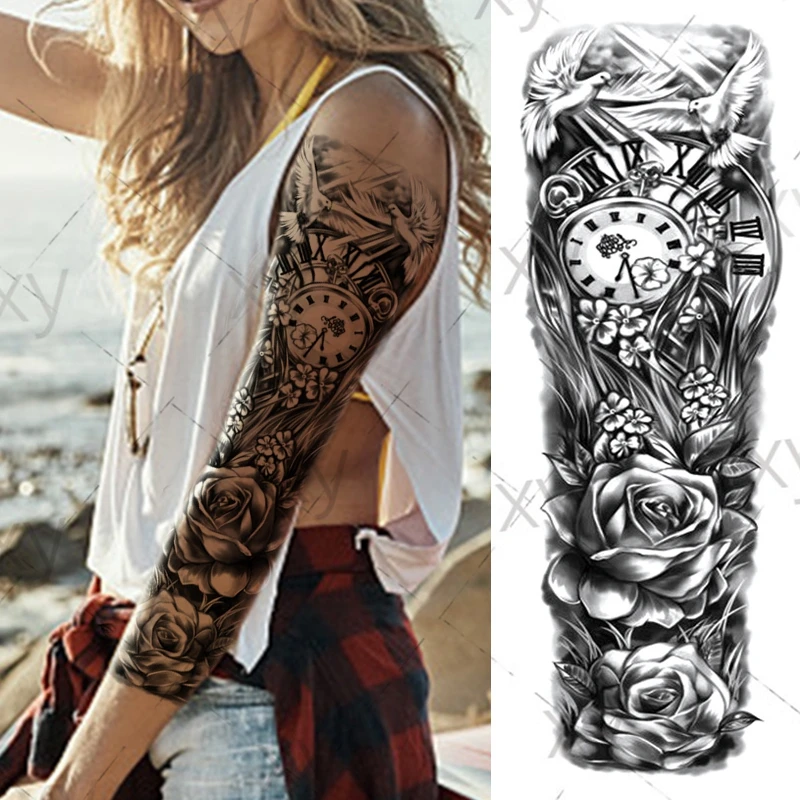 

Waterproof Temporary Tattoo Sticker Roses Clock Peace Dove Full Arm Large Size Tatoo Fake Tatto Flash Tattoos for Men Women