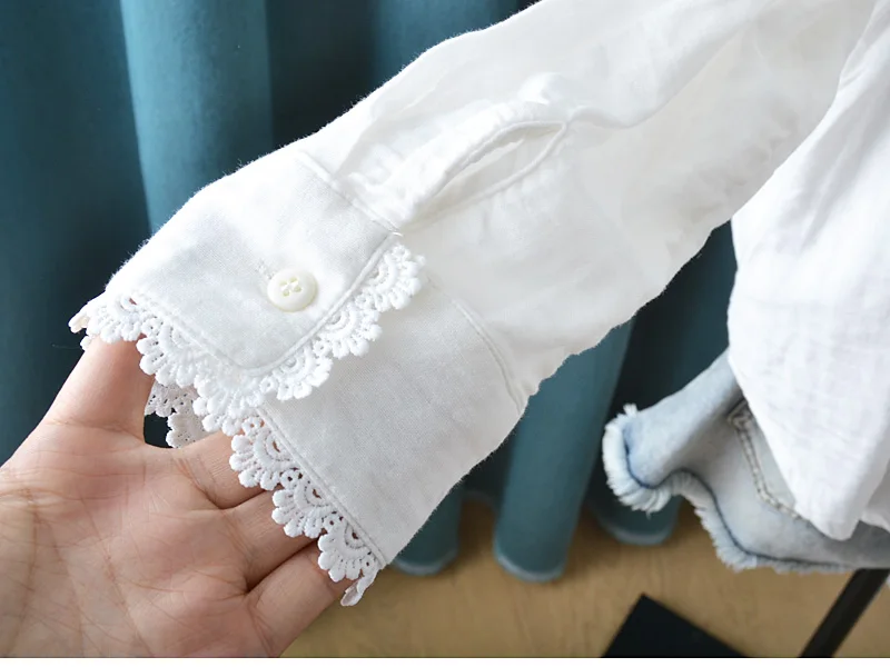 

Sweet Lace Edge Cotton Yarn Stand Collar Long Sleeve White Shirt Blouse