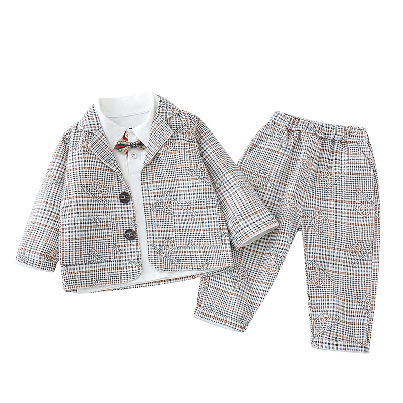 

Модный костюм из трех предметов для мальчиков на весну и осень хлопковая клетчатая куртка с лацканами и длинными рукавами Повседневный брю...
