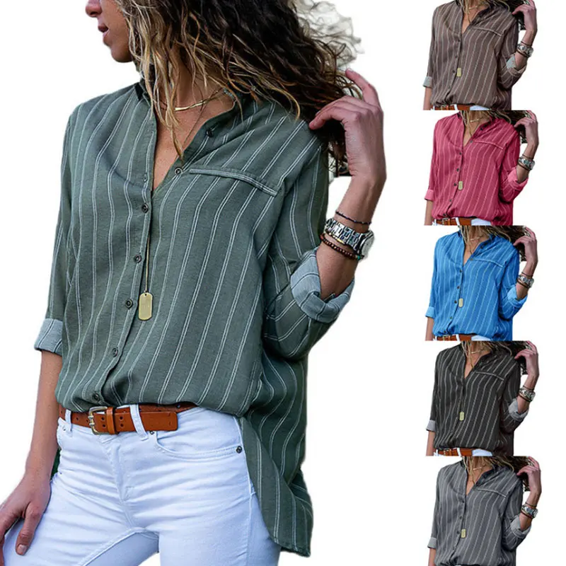 

Pop Women Autumn Shirts Striped V Neck Long Sleeves Loose Casual Cardigans Tops Pop 88