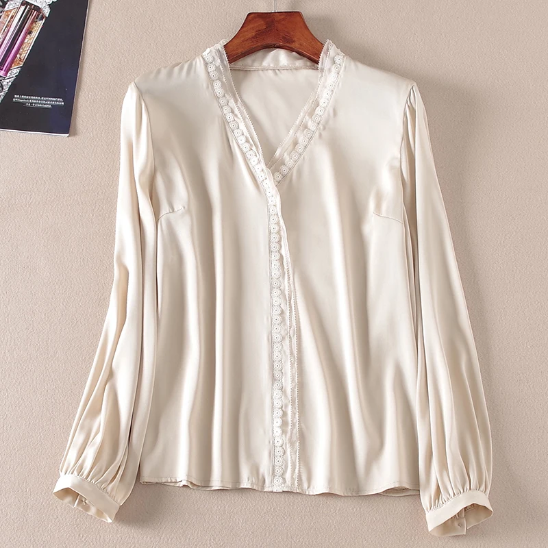 

Natural Real Silk Women Shirt Spring Autumn Elegant V-neck Long Sleeve Lace Patchwork Female Tops Office Lady Solid Blouse