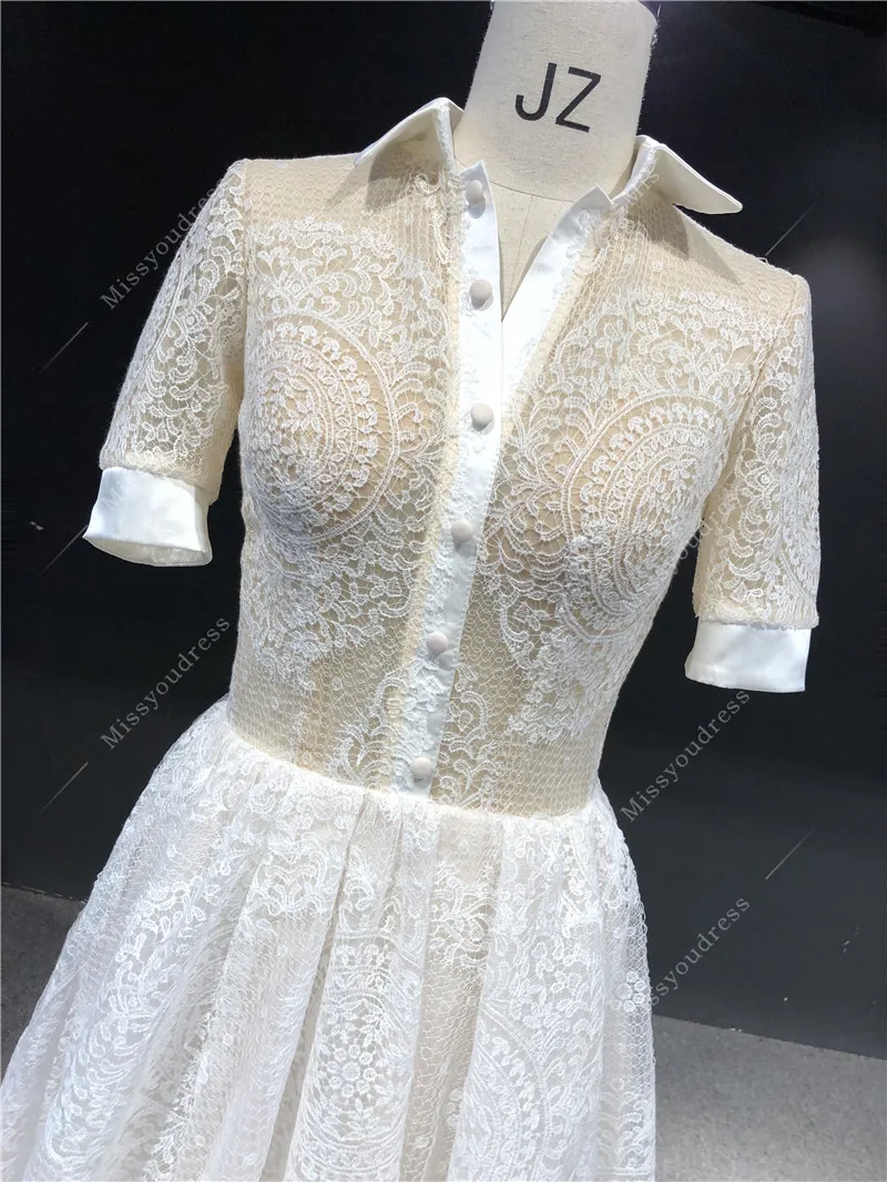 2021 Newest High Quality Real Sample Ivory Lace High NIeck Short Sleeves A-line Transparent Back Floor Length Wedding Dress