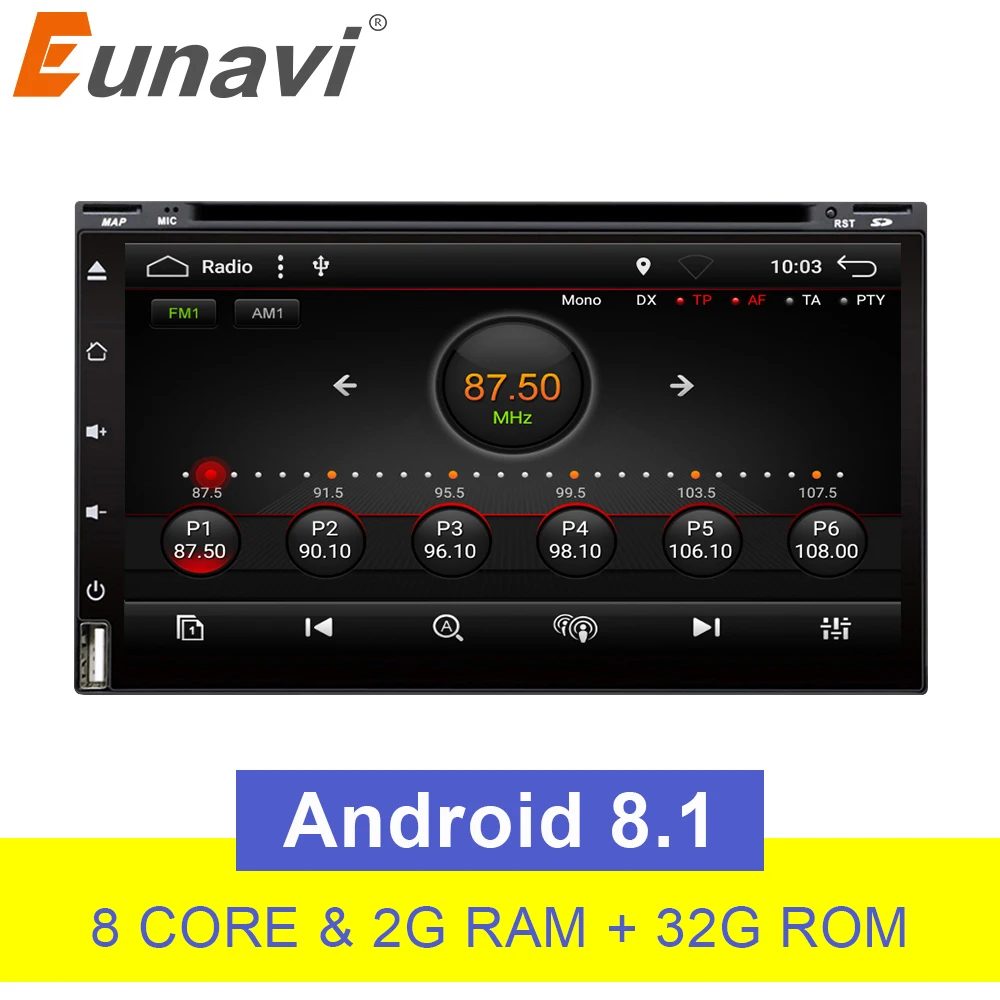 Eunavi Восьмиядерный 2 Din Универсальный Android 8 1 автомобильный dvd плеер gps навигация ПК