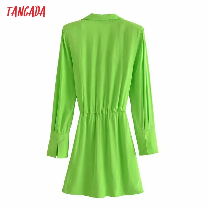 

Tangada 2021 Fashion Women Green Shoulder Pads Shirt Dress Buttons Vintage Long Sleeve Ladies Mini Dress 3H721