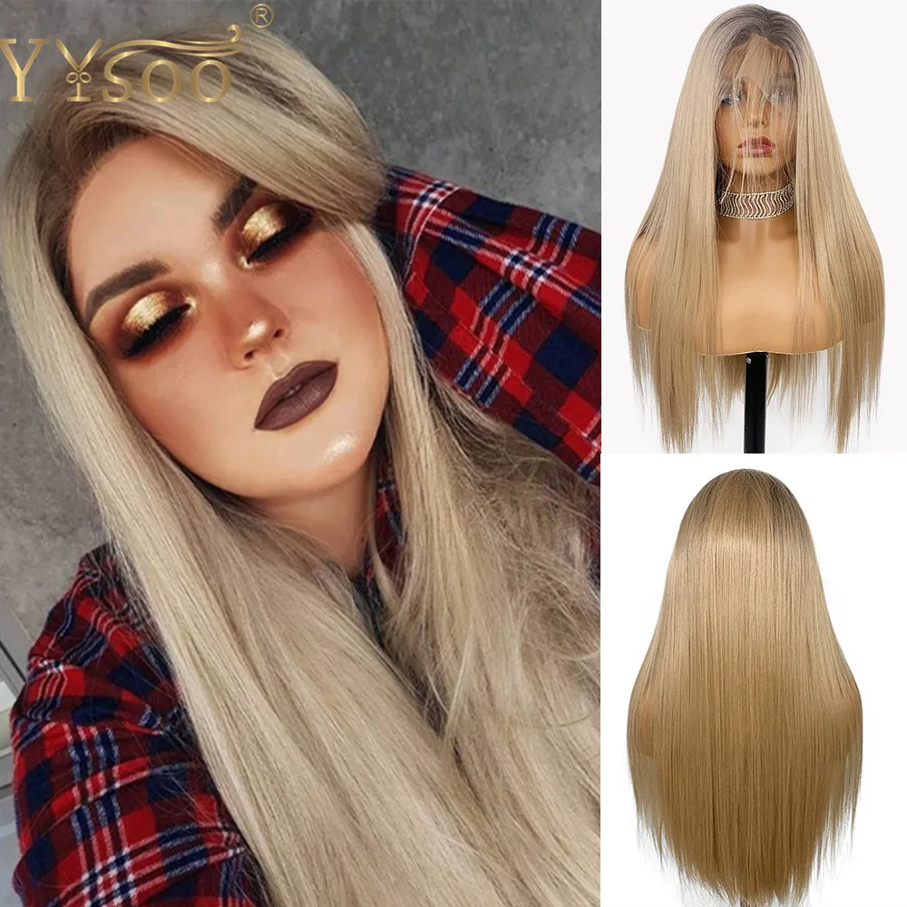 

YYsoo Long Ombre Silky Straight Futura Full Lace Wig Dark Roots #103 Color Soft Glueless Full Hand Tied Synthetic Wigs For Women