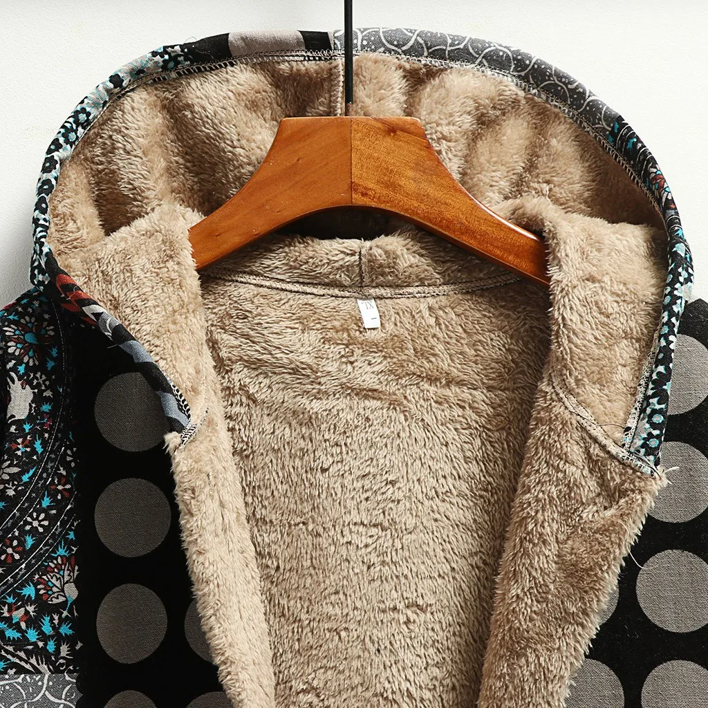 

long coat women winter overcoat Warm thick plush liner loose Print Hooded With Pockets Vintage Coats d91109