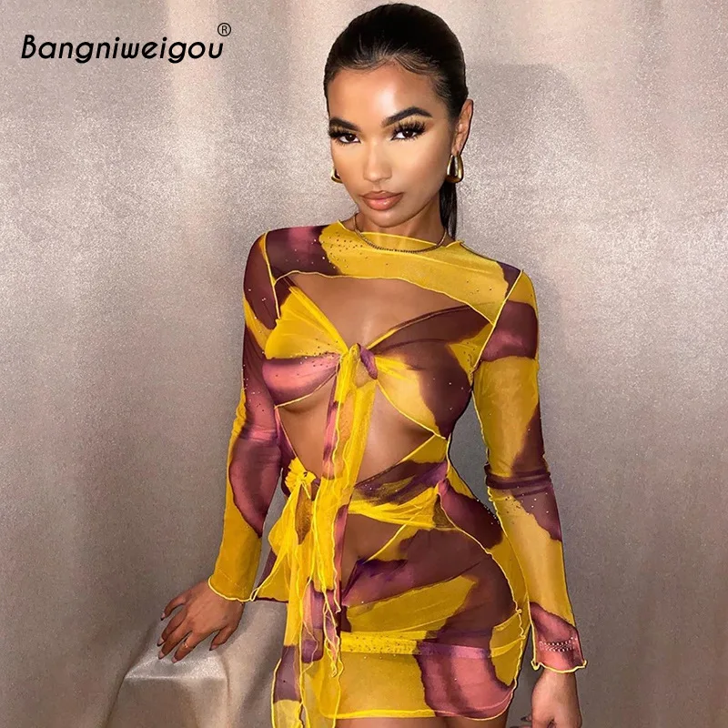 

Женское Сетчатое мини-платье с длинным рукавом и вырезами на бантах